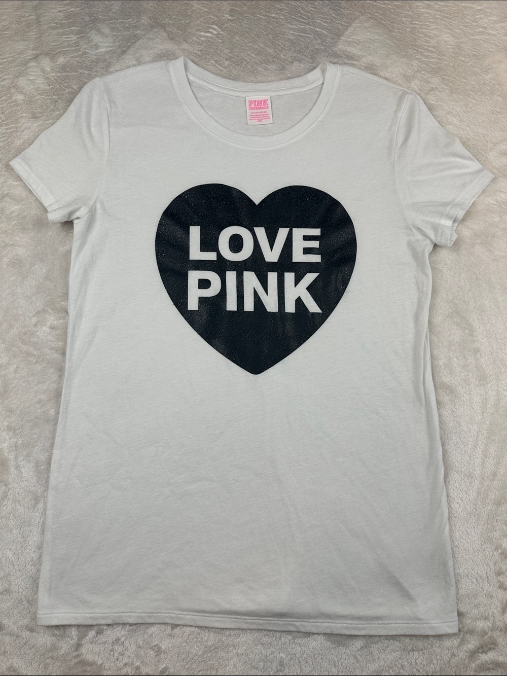 Victoria’s Secret PINK Originals Love Pink Glitter Heart Tee White Size Small